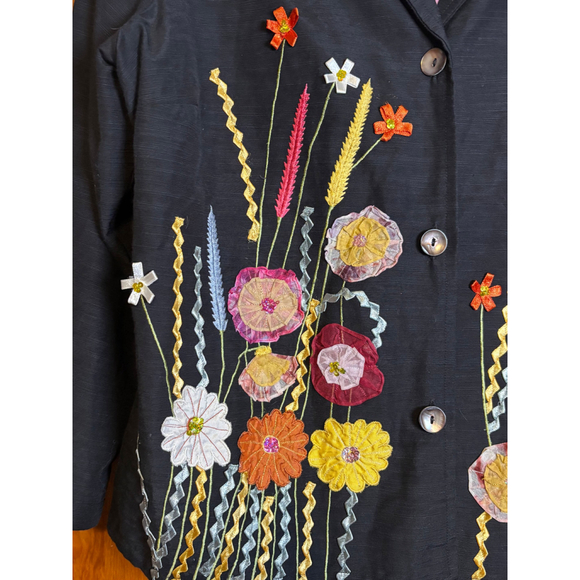 Indigo Moon Blazer Floral Appliqué Embroidery Art Button Front Multicolor W 1X - Picture 6 of 16
